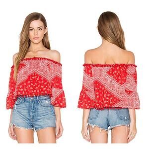 Tularosa Alexa Red Bandana On Off Shoulder Blouse Top Pom Poms Cropped Medium